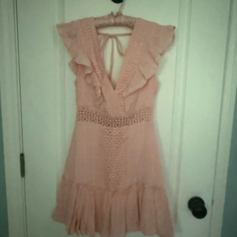 Peach Ruffle Crochet Detail Mini Dress